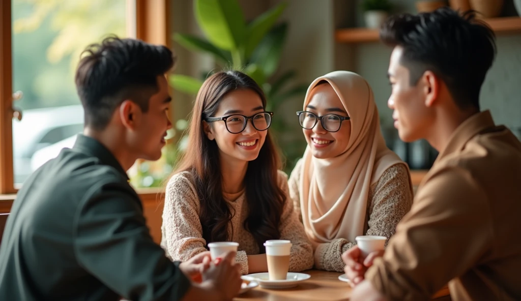 Create an image of a 20-year-old Indonesian man with a clean face, a 22-year-old beautiful Indonesian woman wearing a hijab and glasses, and another 20-year-old Indonesian man with a clean face. They are sitting together in a café. The scene should be detailed and realistic, with bright lighting and a cozy atmosphere. Ensure the image is hyper-detailed and rendered in 8k ultra sharp UHD.