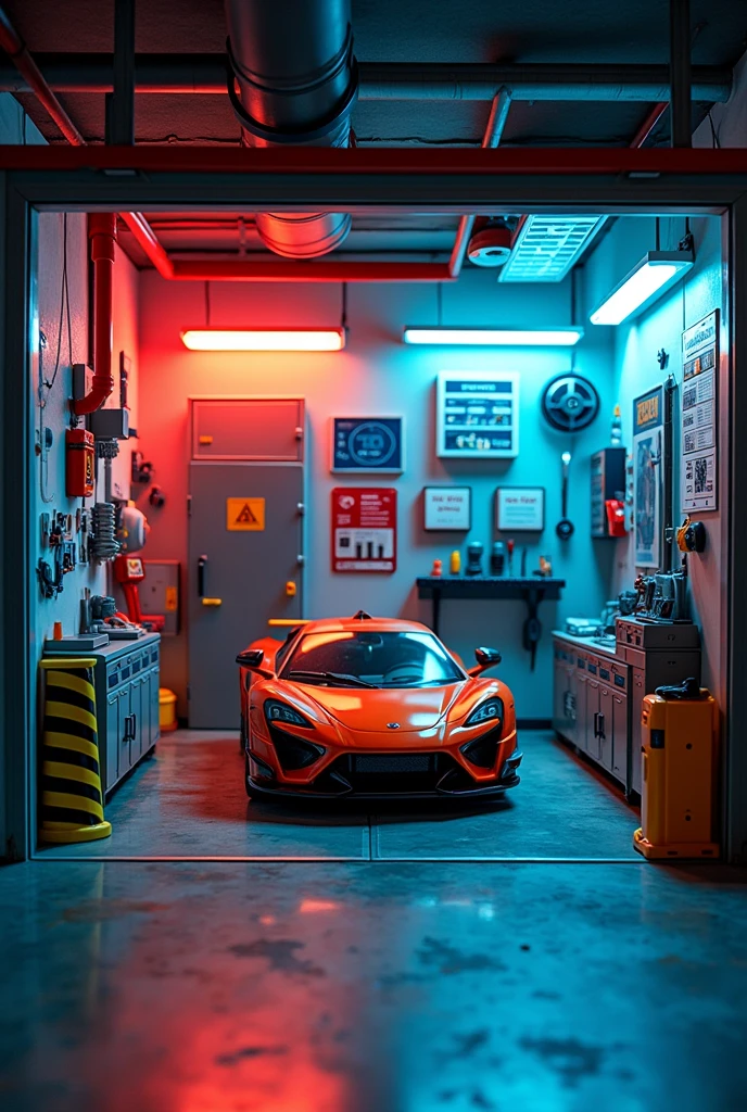 All items in a square display box create a detailed car wash toy industrial style wall spray paint vibrant contrasting colors detailed tools garage accessories cool lighting effects no car location cool indoor environment plastic texture toy mechanical style futuristic feel (repeated) industrial style