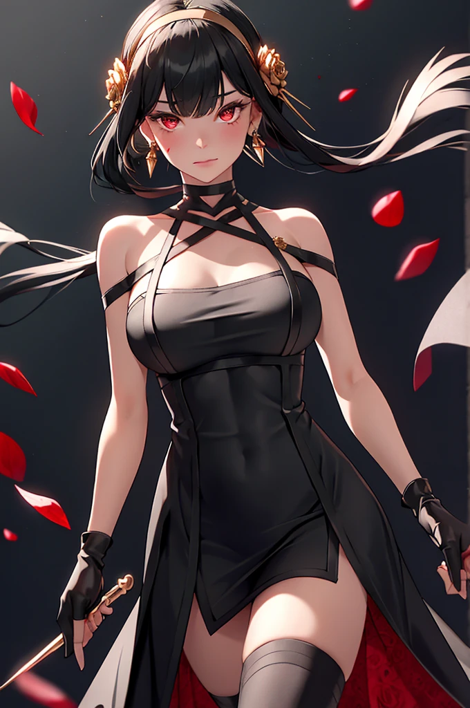 yor briar,
1girl, backlighting, bare shoulders, black background, sheer tight-fitting see-through black plunging deep-v provocative dress, black gloves, black hair, blood, blood on face, blood on weapon, huge breasts, closed mouth, cowboy shot, dress, earrings, expressionless, fingerless gloves, floating hair, floral print, flower, gloves, gold earrings, gold hairband, hair flower, hair ornament, hairband, holding, holding weapon, jewelry, large breasts, light particles, long hair, looking at viewer, off-shoulder dress, off shoulder, petals, red eyes, rose, rose petals, rose print, short hair with long locks, sidelocks, solo, spikes, thighs, two-sided dress, two-sided fabric, weapon
, ((masterpiece))