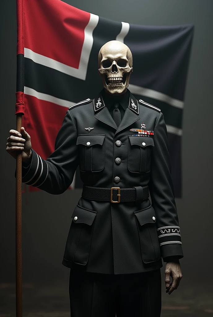 A German Wehrmacht soldier as a Death's Head with a black, white, and red flag in his hand