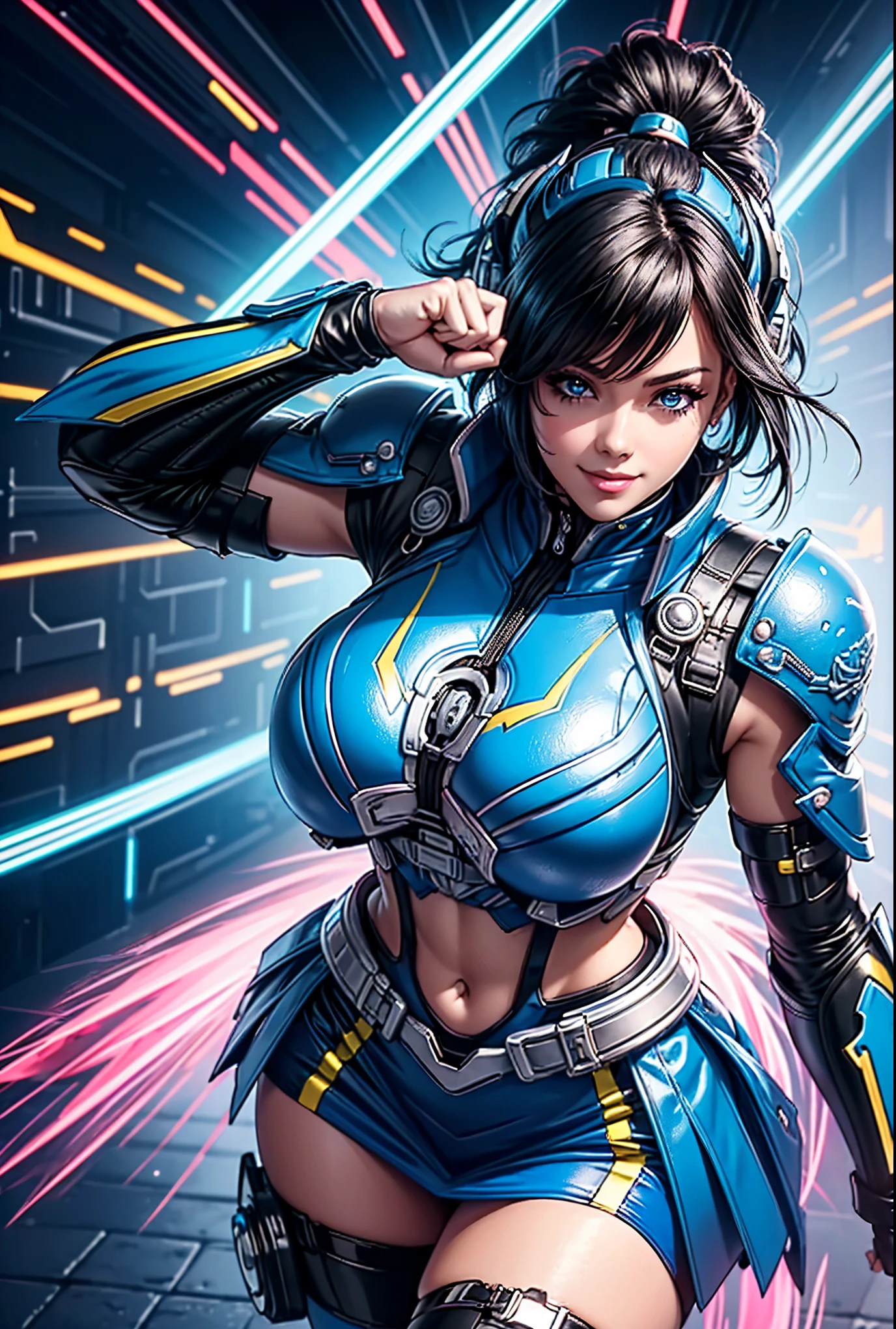 cyber punk, Digital painting of a woman with royal blue and black hair, Superhero, Muscle Girl, Pause, Raise your fist, From above, 1 Raise your knees, Behance Contest Winner, Afrofuturism, Synthwave, neon, glowing neon, Huge saggy breasts,cape,highschool skirt,cute smile,