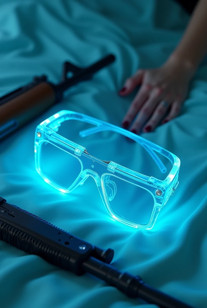 Cyber cyan glasses. On top of the plush bedsheets. Upclose. And a rifle beside it. And there's a woman's hand resting at the corner up right. And slightly a glimpse of her body. NOT MUCH. just a little. From the top perspective.