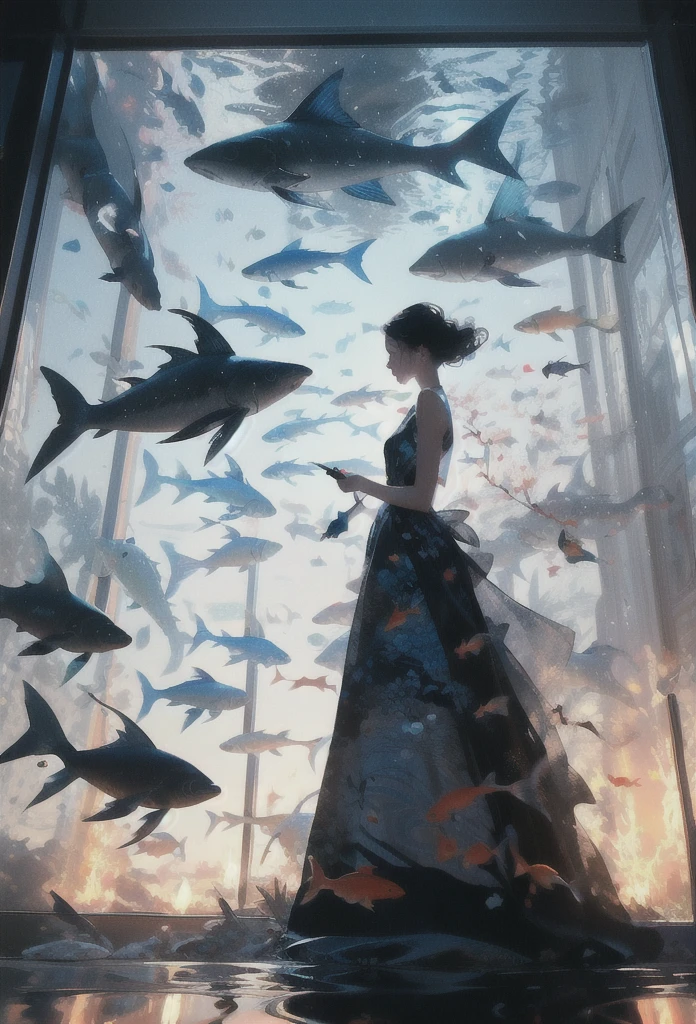 Generate an illustration of a beautiful girl looking at a museum exhibition room lined with fish bone specimens, in the style of Takato Yamamoto. The main focus is on the fish specimens. The exhibition room is dark, and only the fish bone specimens are lit up. Please incorporate fantasy elements into the fantastical scenery.