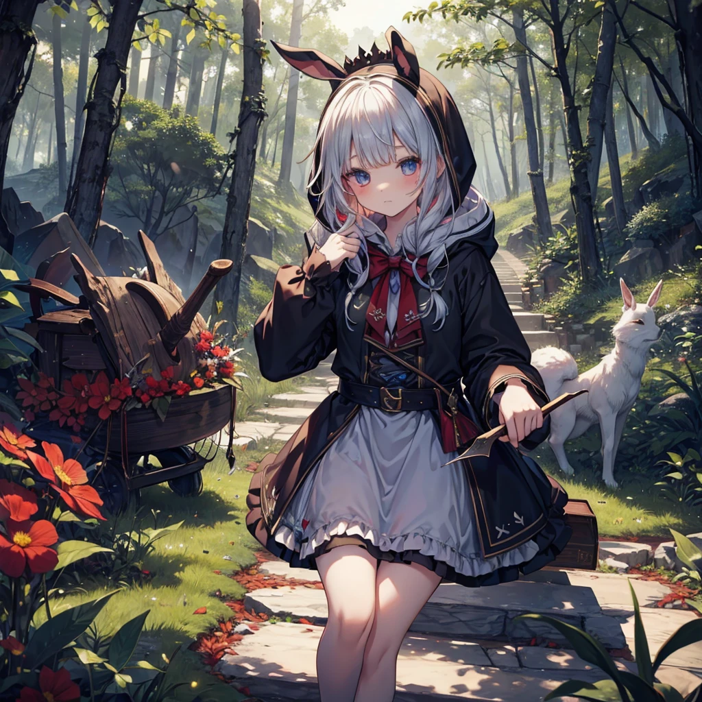 {{{wonderland, grim}}}, five girls, forest, wolf, hood, rabbit, devil, (queen), (((alice))), (((dwarf))), ((((faily))))