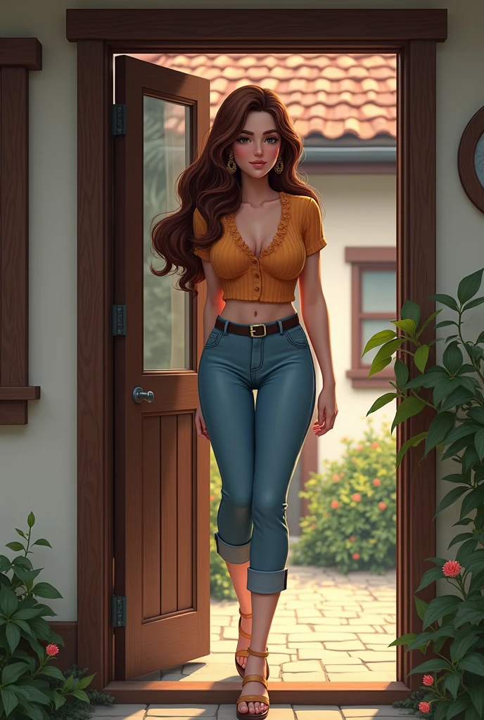 Young woman, Twenty-five years old, long brown hair, wearing Central European, Big chest, Thin waist, Big butt, opened the door of the house and came out, Drawing style: Manga 2.5D