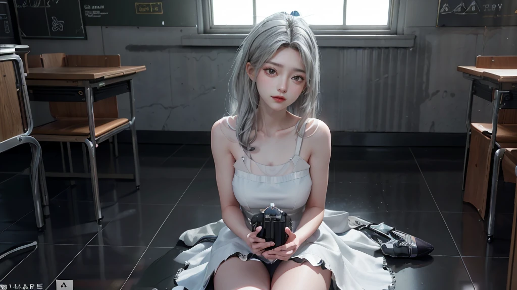 masterpiece,Game Art,Best picture quality,Maximum resolution,8k,(Upper Body),Unreal Engine 5 rendering works,(Digital Photography),(The girl looks at you lovingly,The smile is beautiful),Short hair details,(The eyes are very delicate),(With long gray hair:1.4),(Perfect body),(Bright dress,Black high heels,White cotton socks),(background:classroom),light,night,Ray Tracing,RAW photos,((3D Unreal Engine)),OC rendering reflection mode