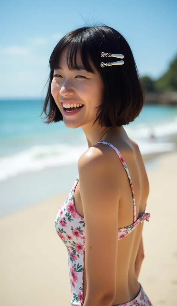 A Japanese woman with a bob haircut wearing a cute swimsuit in natural light、She is laughing happily on the beach。she20She is wearing hairpins in her hair at the age of。