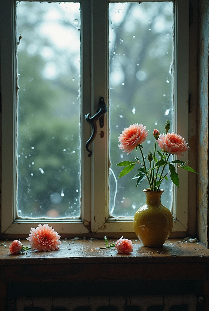 (Photorealism:1.2), broken vase on the windowsill, flowers are lying nearby, water spilled, there's a storm outside