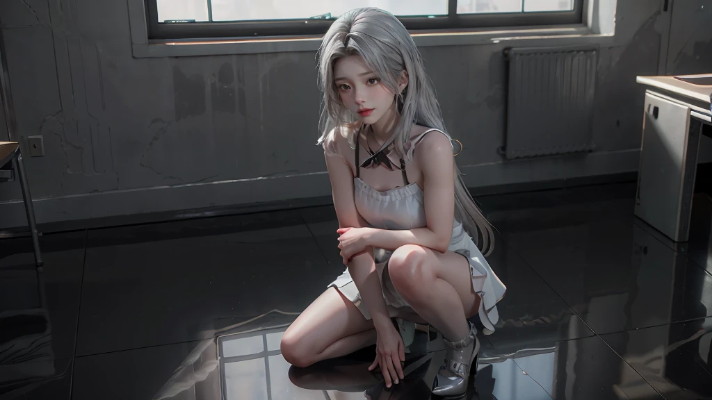 masterpiece,Game Art,Best picture quality,Maximum resolution,8k,(Upper Body),Unreal Engine 5 rendering works,(Digital Photography),(The girl looks at you lovingly,The smile is beautiful),Short hair details,(The eyes are very delicate),(With long gray hair:1.4),(Perfect body),(Bright dress,Black high heels,White cotton socks),(background:classroom),light,night,Ray Tracing,RAW photos,((3D Unreal Engine)),OC rendering reflection mode