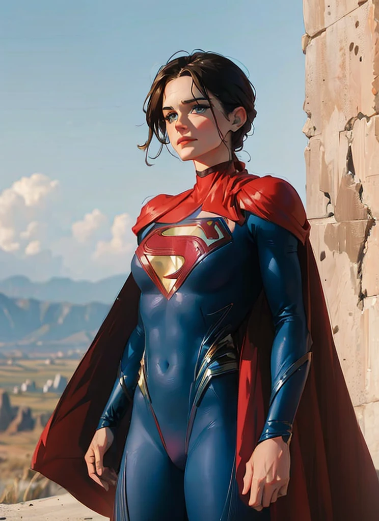 ((Best Quality, 8K, Masterpiece: 1.3)), best quality, ultra high res, a woman in a superman suit standing on a rock, emma watson as supergirl, gal gadot as supergirl, hybrid of gal gadot, supergirl, gal gadot as hell lord, wonderful, eva green as metamorpho, emma watson as giant man, textless, publicity cosplay, eva green is metamorpho, superman pose, gal gadot, superhero body