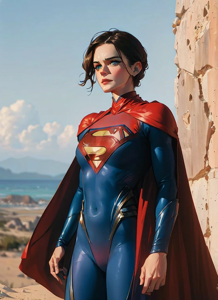 ((Best Quality, 8K, Masterpiece: 1.3)), best quality, ultra high res, a woman in a superman suit standing on a rock, emma watson as supergirl, gal gadot as supergirl, hybrid of gal gadot, supergirl, gal gadot as hell lord, wonderful, eva green as metamorpho, emma watson as giant man, textless, publicity cosplay, eva green is metamorpho, superman pose, gal gadot, superhero body