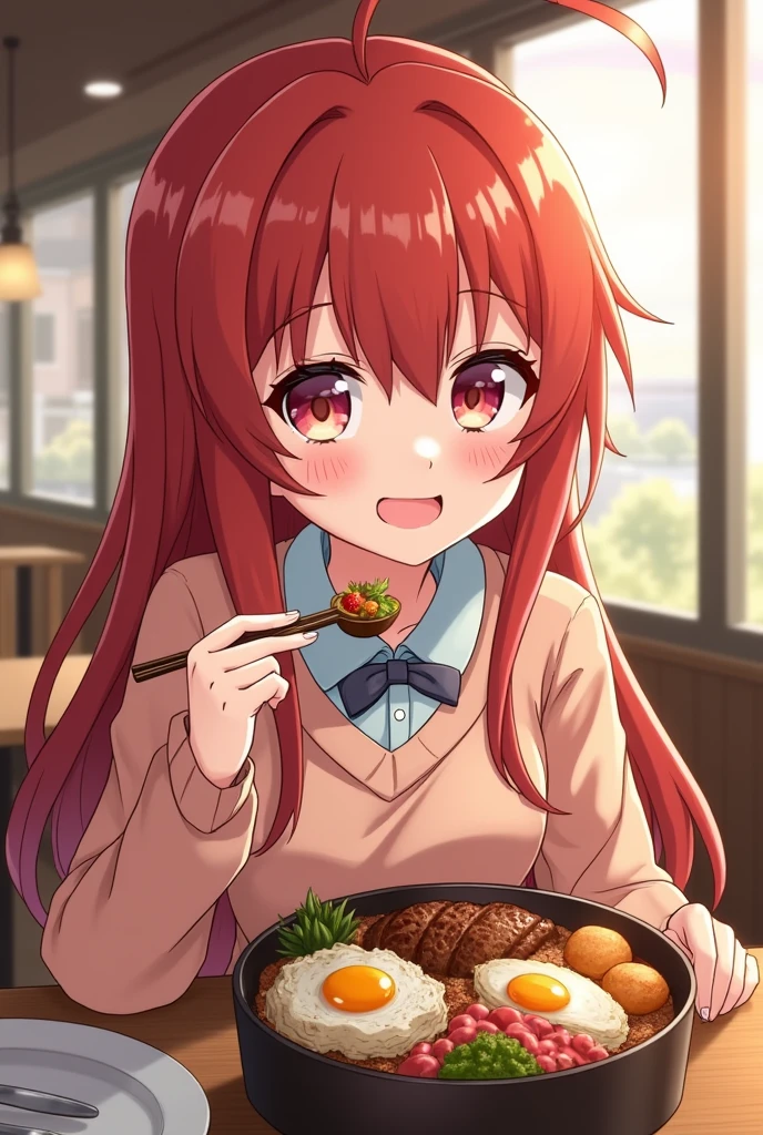 Roxy mugurida is eating a bento at the restaurant.
restaurant name is mr.van
image style is anime
