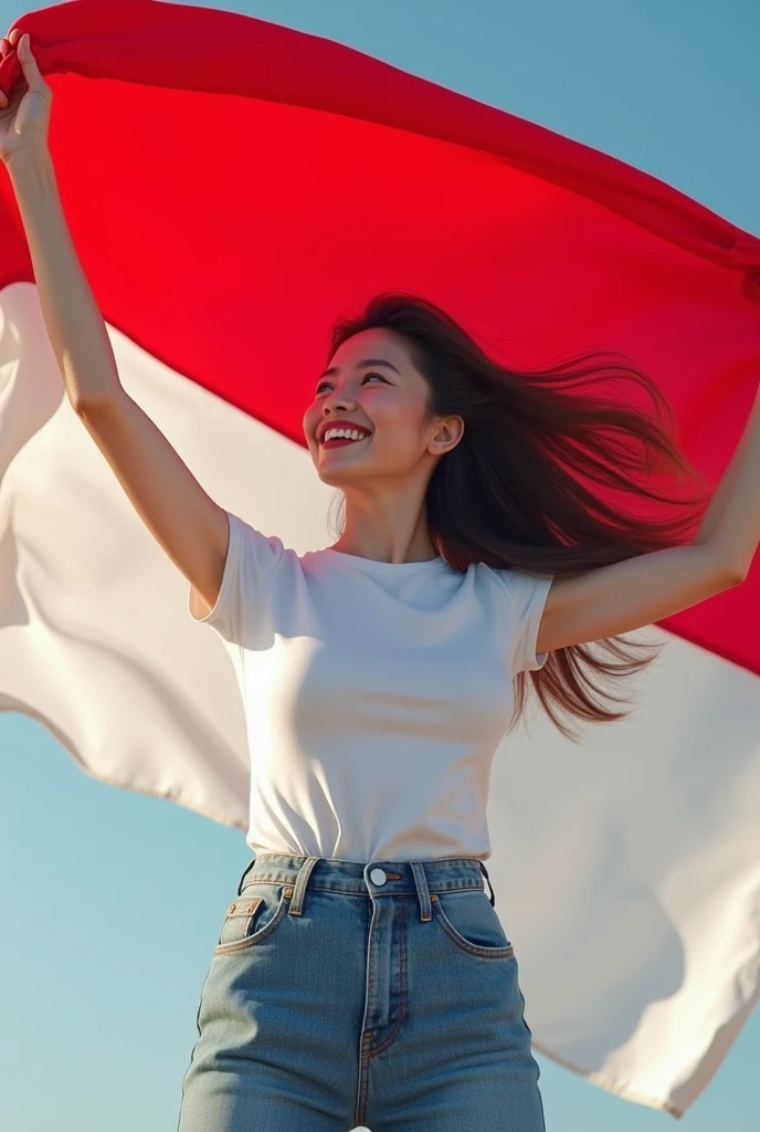 A person stands proudly smiling and holding an Indonesian flag