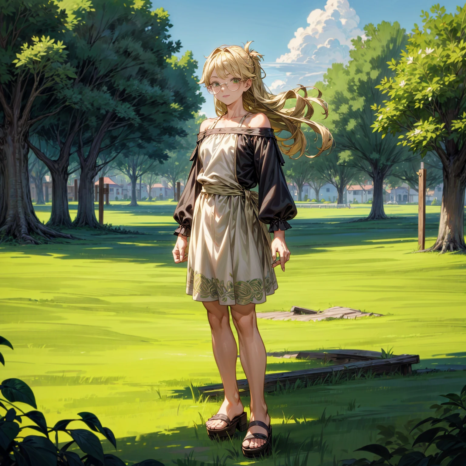 Solo character, full body version, ??? girl, muscle, green eyes, blonde color hair, long hair, casual clothing, bare shoulder clothing, sandals, outdoor, town, medieval, morning, standing gesture, detailed background, detailed clothing, detailed hair, happy eyes, (food wars style art), (black clover style art), glasses