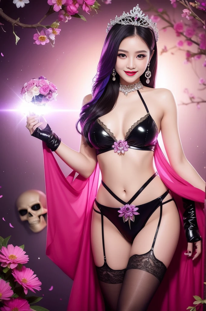 sexy Thai model who controls poison、beautiful smile、lipgloss、bold lipstick、intense makeup、look at the camera、full body Esbian、、sparkling poisoned flower costume、、、、sparkling Colorful hair、secrete poison、skull hair accessories、sexy tights、shiny sparkling flowers background