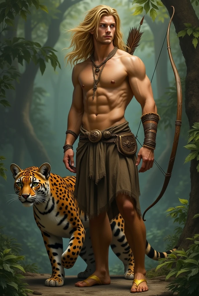 A young handsome satyr with a bare torso and brown fur on his legs, With golden hooves. He has black eyes, long yellow hair, fluttering in the wind, Sideways bangs. He has a lowered bow with an arrow. Next to him, a kind jaguar. Background impenetrable jungle.