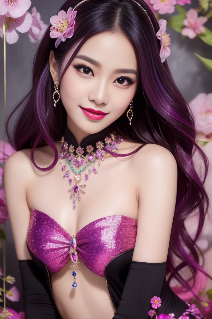 sexy Thai model who controls poison、beautiful smile、lipgloss、bold lipstick、intense makeup、look at the camera、full body Esbian、、sparkling poisoned flower costume、、、、sparkling Colorful hair、secrete poison、skull hair accessories、sexy tights、shiny sparkling flowers background