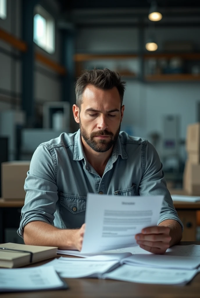 There is 33 years old electrical engineer that has no beard and he weared work clothes and he is behind his desk and there is some important paper and some euro pack and he is really series
Make him 33 years old
And work clothes
He is in factory
He is serious
He is looking to the paper