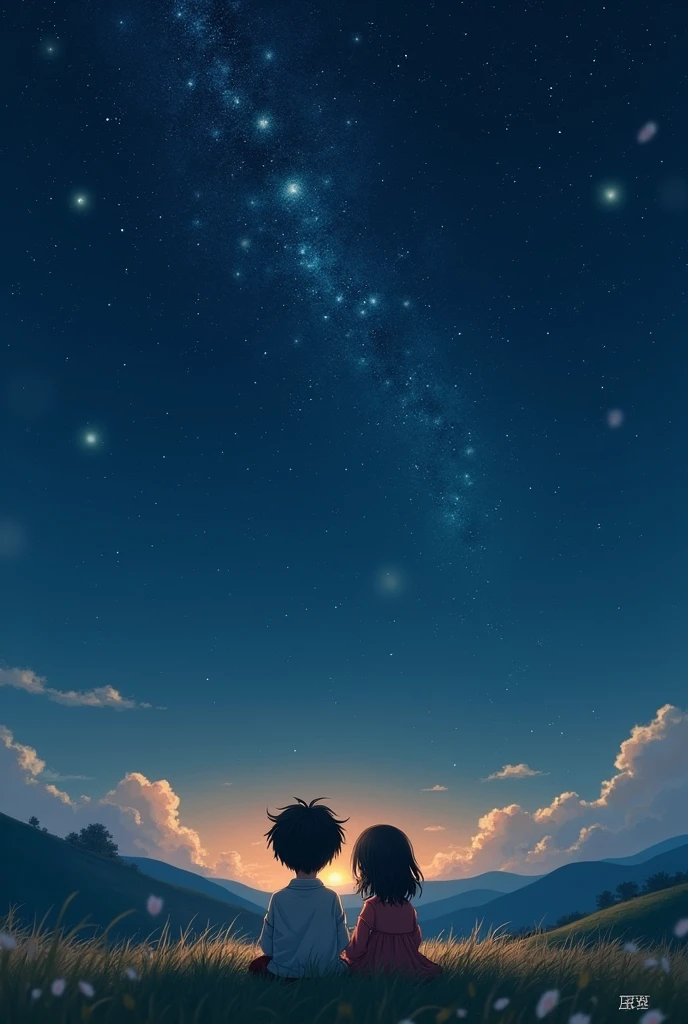 A starry sky、A boy and a girl from the village、Two sitting、Twinkling stars々、Starry Sky