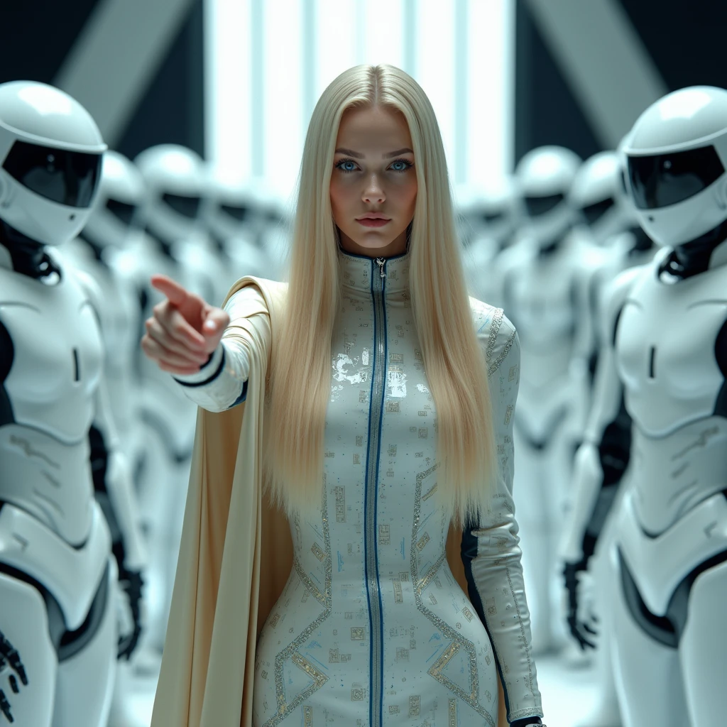 full body, full shot, a queen is surrounded by her futurist AI white bodyguards. she points to the viewer. The tension is intense, the queen is a woman 30 years old, very long straight hair, very blond hair, slim, blue eyes, wearing a cream and blue color futurist long royal dress with a printed circuit board cape, intense gazing eyes, as a conceptual AI, ultra-resolution, intricately detailed, low angle, 8k by Helmut Newton