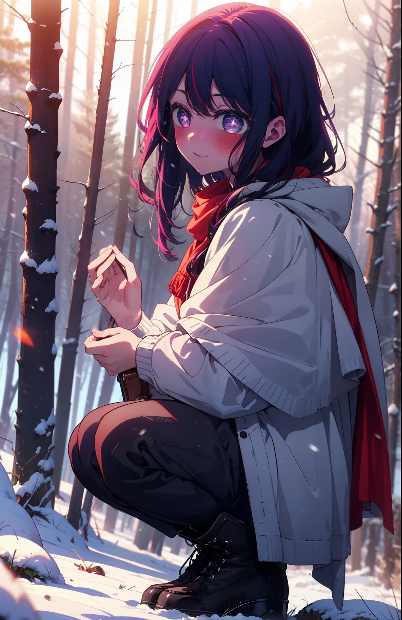 aihoshino, Ai Hoshino, Long Hair, bangs, (Purple eyes:1.1), Purple Hair, (Symbol-shaped pupil:1.5), smile,,smile,blush,white breath,
Open your mouth,snow,Ground bonfire, Outdoor, boots, snowing, From the side, wood, suitcase, Cape, Blurred, , forest, White handbag, nature, Squat, Mouth closed, Cape, winter, Written boundary depth, Black shoes, red Cape break looking at viewer, Upper Body, whole body, break Outdoor, forest, nature, break (masterpiece:1.2), Highest quality, High resolution, unity 8k wallpaper, (shape:0.8), (Beautiful and beautiful eyes:1.6), Highly detailed face, Perfect lighting, Highly detailed CG, (Perfect hands, Perfect Anatomy),