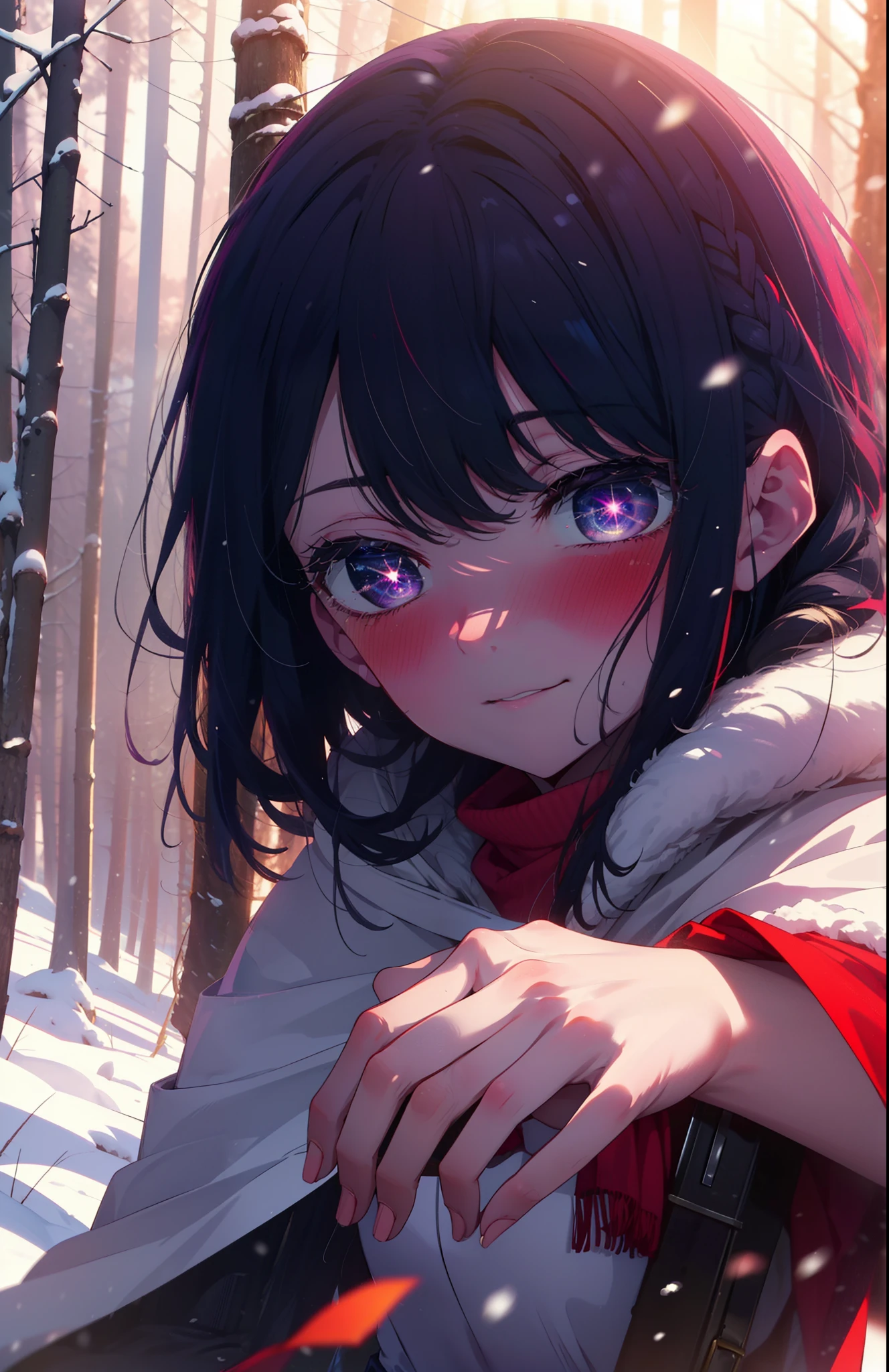 aihoshino, Ai Hoshino, Long Hair, bangs, (Purple eyes:1.1), Purple Hair, (Symbol-shaped pupil:1.5), smile,,smile,blush,white breath,
Open your mouth,snow,Ground bonfire, Outdoor, boots, snowing, From the side, wood, suitcase, Cape, Blurred, , forest, White handbag, nature, Squat, Mouth closed, Cape, winter, Written boundary depth, Black shoes, red Cape break looking at viewer, Upper Body, whole body, break Outdoor, forest, nature, break (masterpiece:1.2), Highest quality, High resolution, unity 8k wallpaper, (shape:0.8), (Beautiful and beautiful eyes:1.6), Highly detailed face, Perfect lighting, Highly detailed CG, (Perfect hands, Perfect Anatomy),