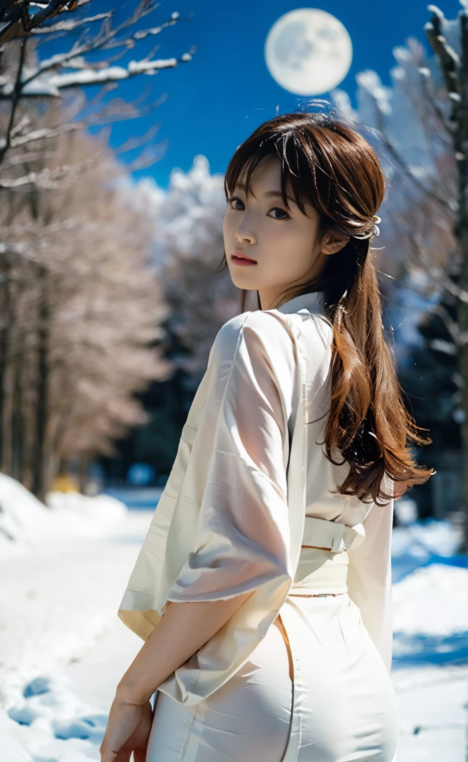 (((Perfect limbs and body with detailed depictions of the limbs based on perfect anatomy, no extra arms))),4k shooting captures the essence of movement,First Person,(((白い薄い和服を着て夜に雪山の岩の前で膝を揃えて立っている美Shii雪女))),(((In the moonlight of a late night when snow is falling heavily, a snow woman in a white kimono stands out as she gazes at the moon.))),(((masterpiece))),色白の透き通るような肌が眩Shii,The pure white kimono stands out,She raises her chin and clasps her hands in front of her,((Full body 4K profile back shot of bare feet with the moon in the background)),20-year-old, Glossy long chestnut hair is sexy,((Gravure photoshoot in the snowy mountain forest)),Long eyelashes,Big eyes,double eyelid,((Glossy red and thick lips)),Deep depth of field photography with Hasselblad,Outdoor detailed background,Best image quality,Professional perspective,素晴らShiiディテール,Ultra-high resolution,Realistic:1.4,Attention to detail,The beauty is concentrated on one girl.,栗色の美Shiiロングヘアーが風になびく,繊細で鼻が高く美Shii顔,Long limbs like a model,Tight waist,チラ見えする白い肌が眩Shii,god々Shii,Cinematic Production,