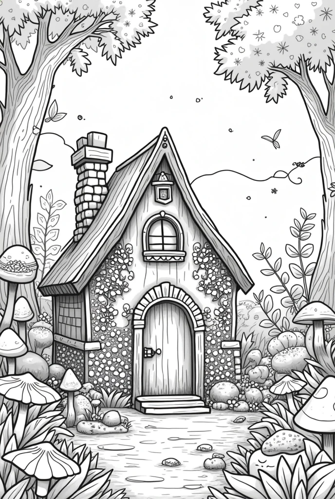 Fairy house nature background high details black and white coloring books pages