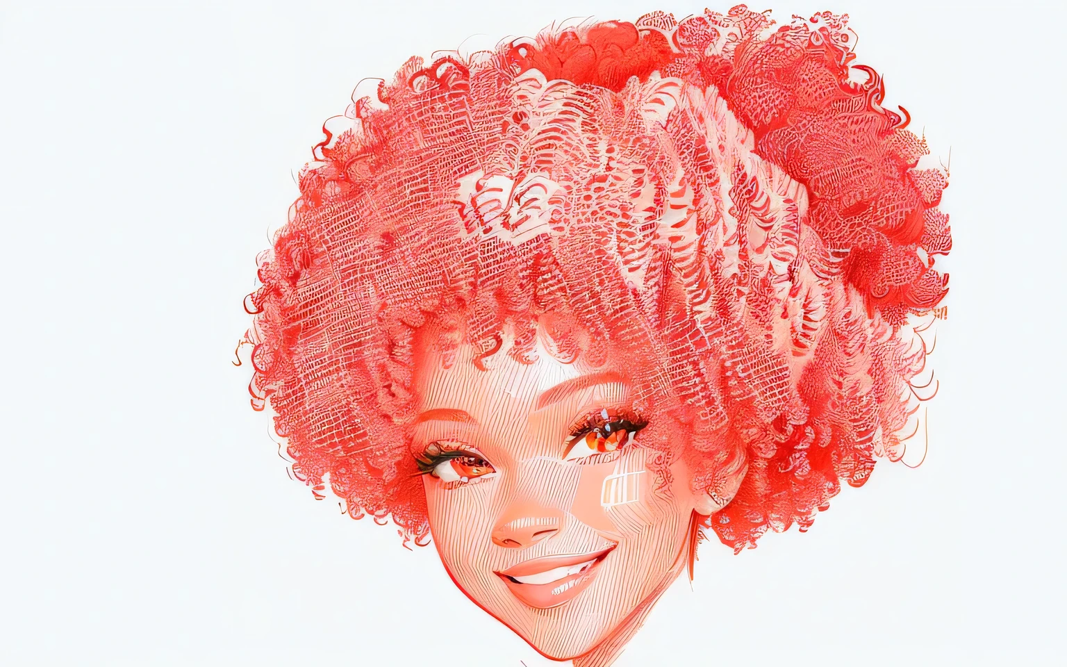 a drawing of a woman with curly hair and a big smile, red afro, big red afro, scribble sketch, afro, digital sketch, comic drawing style, curly afro, drawn with photoshop, digitally draw on wacom tablet, quick sketch, pencil doodle, sketch illustration, with afro, pretty woman with afro, afro hair, vector style drawing, digital drawing
