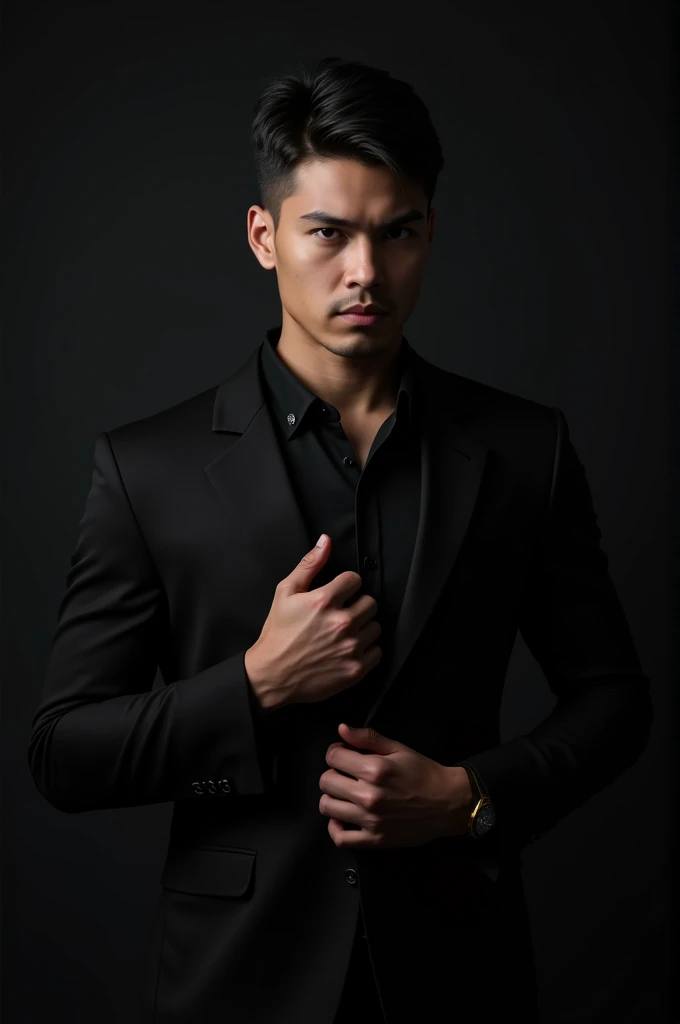 Create a portrait of a confident, young man standing against a plain dark background. He has short, dark hair and is wearing a fitted black button-up shirt. The man holds a dark jacket in front of him with both hands, his expression serious and intense. The lighting is subtle, highlighting his sharp features and giving a dramatic tone to the overall image. The style should convey a modern, minimalist aesthetic with a focus on the contrast between light and shadow.