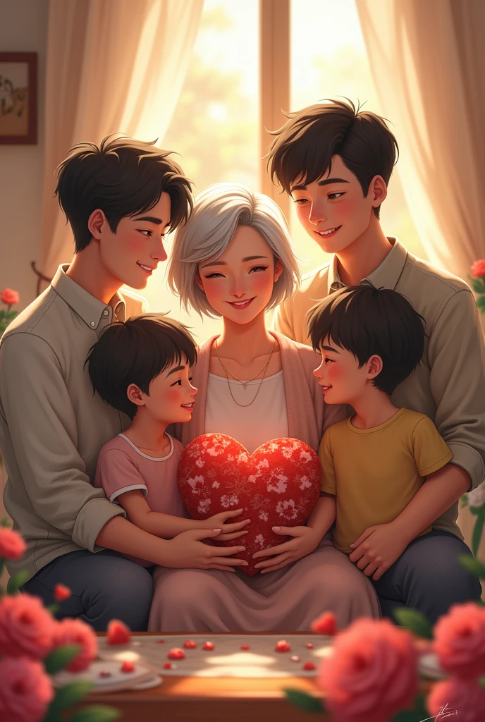 Enter text "Happy Mother's Day"
My mother has short hair and is 66 years old and weighs 103 kilograms. Her first son is 33 years old. Her second son is 24 years old. Her third son is 23 years old.