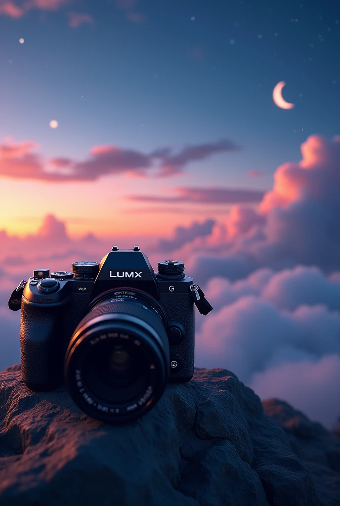Lumix g7 Camera on foreground over a beautiful photographs diary photographing photography of beautiful last star and moon of early morning sky hyper realistic