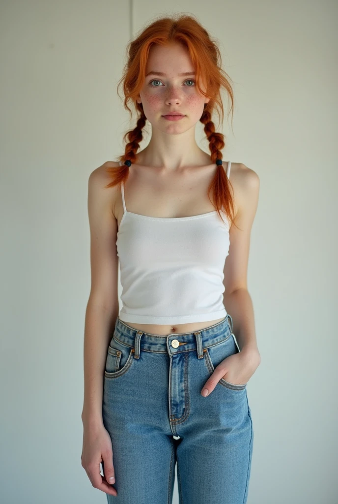 A redhead girl with pigtails hair and small breasts standing, wearing blue jeans taking a realistic photo