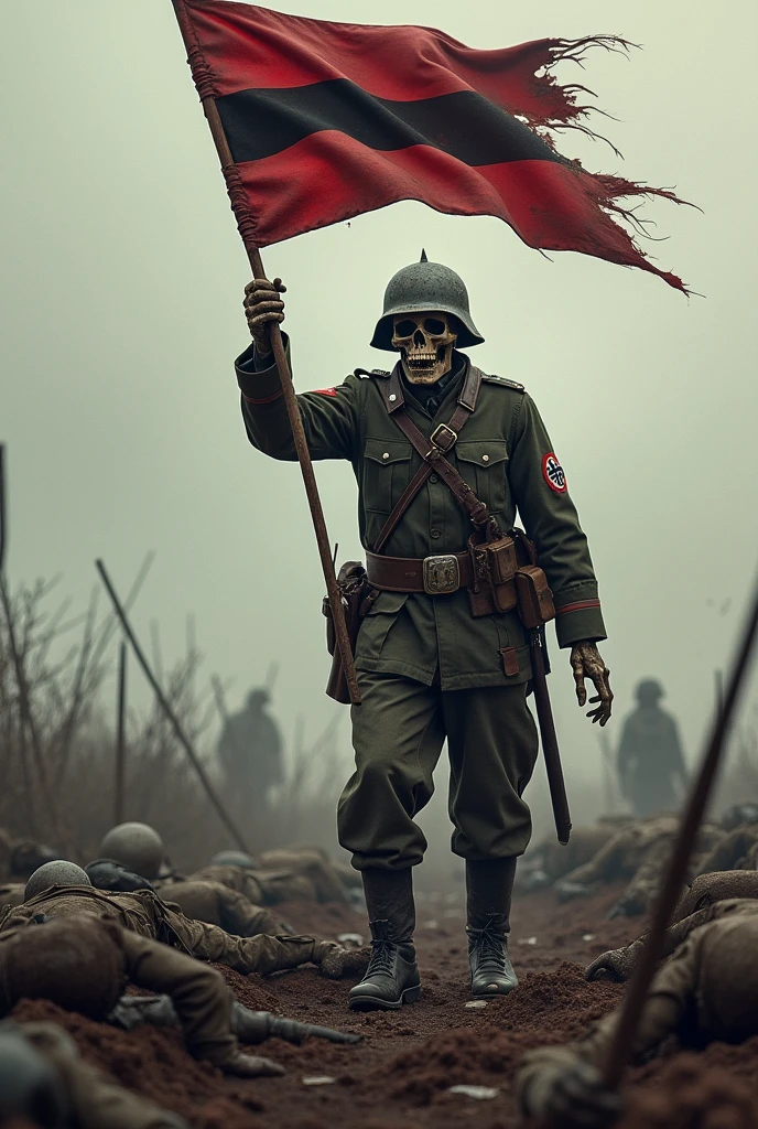 A German Wehrmacht soldier as a skull with helmet on the battlefield. Dead comrades surround him and he desperately holds the German flag in his hand to storm