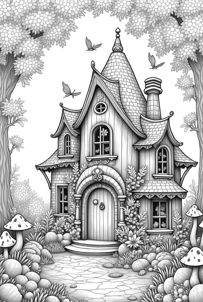 Fairy house nature background high details black and white coloring books pages