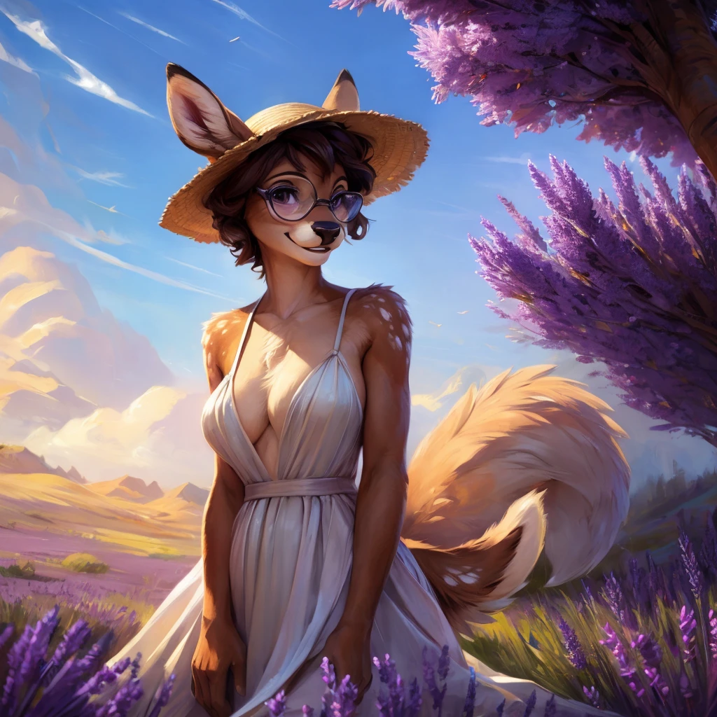 uploaded on e621, artstation, by Pixelsketcher, by Bayard Wu, by Thomas Benjamin Kennington , by Einshelm, by hioshiru and kenket, Chunie, portrait, solo anthro female deer doe, with small featureless breasts, clear dark blue, cinematic lighting, day, sunny day, lavender field, stays in a lavender field, lavender field background, mediterranean background, horizon background, shiny, short curly dark brown hair, wears big black nerd glasses, very very beautiful furry art, furry art, smiling, joyful, shiny, happy, feminine, cute face, muzzle, fluffy chest, flawless face, Fallow deer, 1girl, Sakimichan is beautiful, Masterpiece, Wavethesallow Face, shiny, Detailed image, portrait, Detailed image, portrait, full body, wearing pure white and wide spaghetti straps dress, wearing big and wide beige summer straw hat, shiny, realistic face, perfect anatomy, hourglass body, (furry body:1.1), anthropomorphic deer, looks at the viewer, small fluffy tail, detailed background, (cute anatomy:1.1), walks in a lavender field
