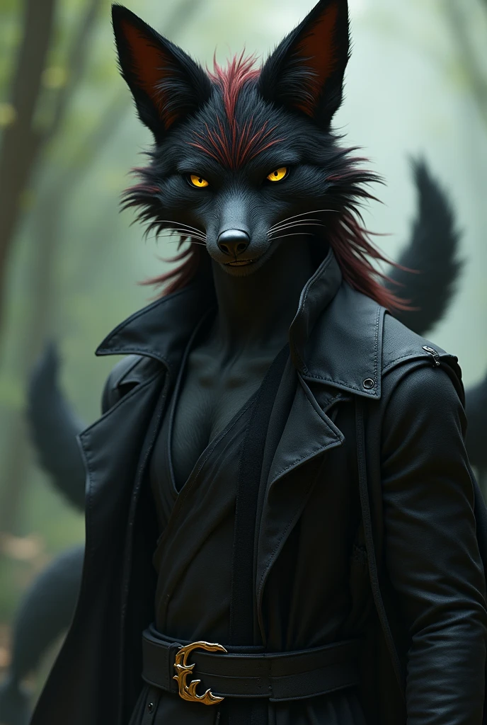 Male kitsune, dark red hair with orange tips, 5 tails, sharp tooth, light green eyes, black skin, hydrated lips and confident pose with black clothes