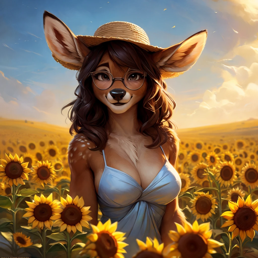 uploaded on e621, artstation, by Pixelsketcher, by Bayard Wu, by Thomas Benjamin Kennington , by Einshelm, by hioshiru and kenket, Chunie, portrait, solo anthro female deer doe, with small featureless breasts, clear dark blue, cinematic lighting, day, sunny day, sunflower field, stands in a high sunflower field, sunflower field background, sunflowers, mediterranean background, horizon background, shiny, chin short curly dark brown hair, wears big black nerd glasses, very very beautiful furry art, furry art, smiling, joyful, shiny, happy, feminine, cute face, muzzle, fluffy chest, flawless face, Fallow deer, 1girl, Sakimichan is beautiful, Masterpiece, Wavethesallow Face, shiny, Detailed image, portrait, Detailed image, portrait, full body, wears pure white and wide spaghetti straps dress, wears big and wide beige summer straw hat, shiny, realistic face, perfect anatomy, hourglass body, (furry body:1.1), anthropomorphic deer, detailed background, (cute anatomy:1.1)