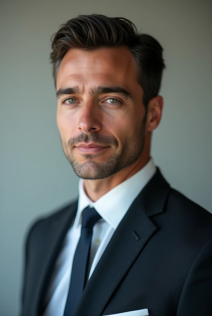 very handsome man in his thirties, with deep eyes, thick brows, the photo was taken by a professional photographer using 70mm prime lens with 2 aperture, the photo is half body andthe man is dress in a formal suit, the photo is crystal clear and focus on the man 