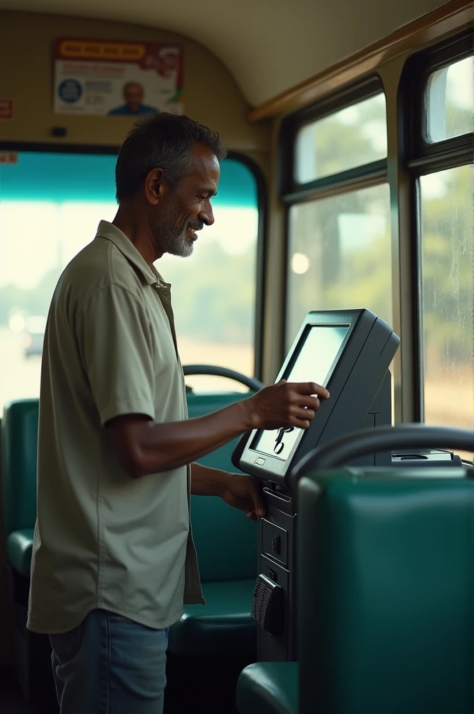 sri lankan man standing in the bus witha ticket machine, black short hair , brown , tired face with a little smile, age about 45