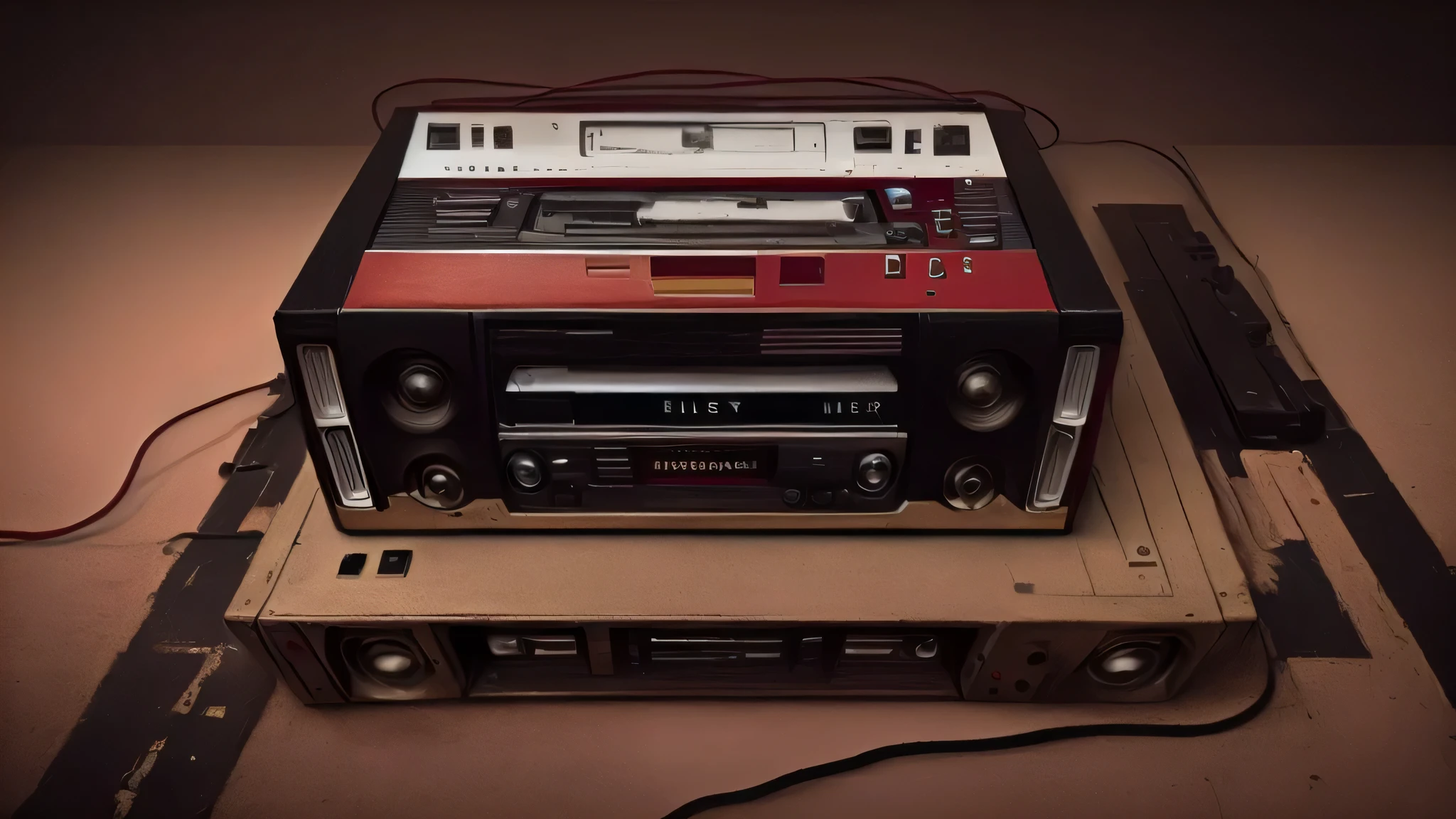 a close up of a red cassettes player with a black cord, cassettes, cassettes tape, cassettes futurist, cassettes futurism, praise hip hop, old tape, tape deck, praise artstyle, praise art, Nostalgic atmosphere, praise, Nostalgic melancholic artwork, praise feel, grainy tape, praise vibe, VHS video effects