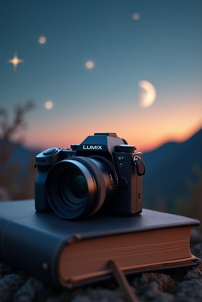 Lumix g7 Camera on foreground over a beautiful diary photographing photography of beautiful last star and moon of early morning sky hyper realistic