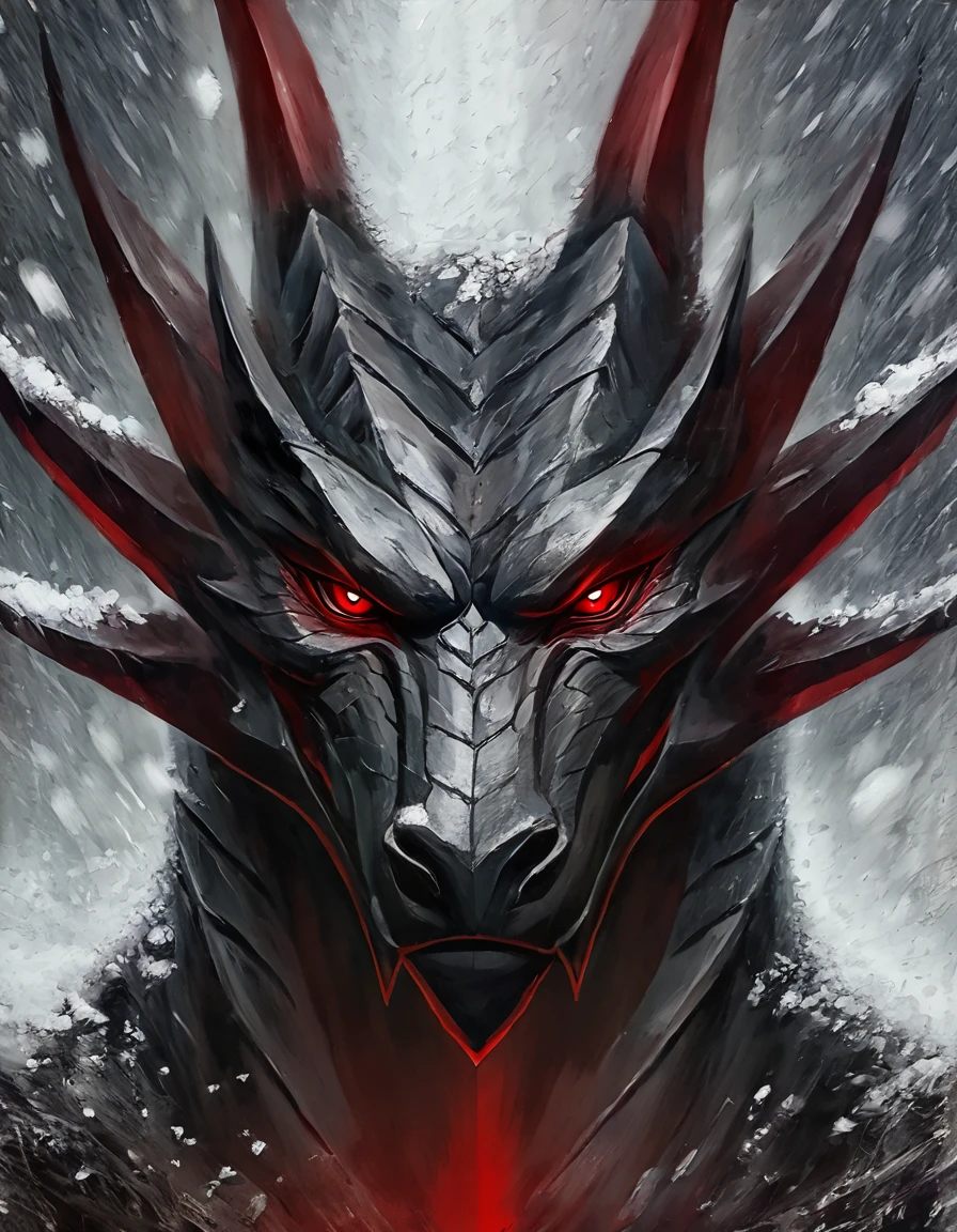 Portrait of the head of a tall and muscular male anthropoid dragon, wings, body black, conceptual art, masterpiece, big black body, high quality, red eyes, looks at the viewer, evil look, Against the backdrop of a snow storm. masterpiece quality. 