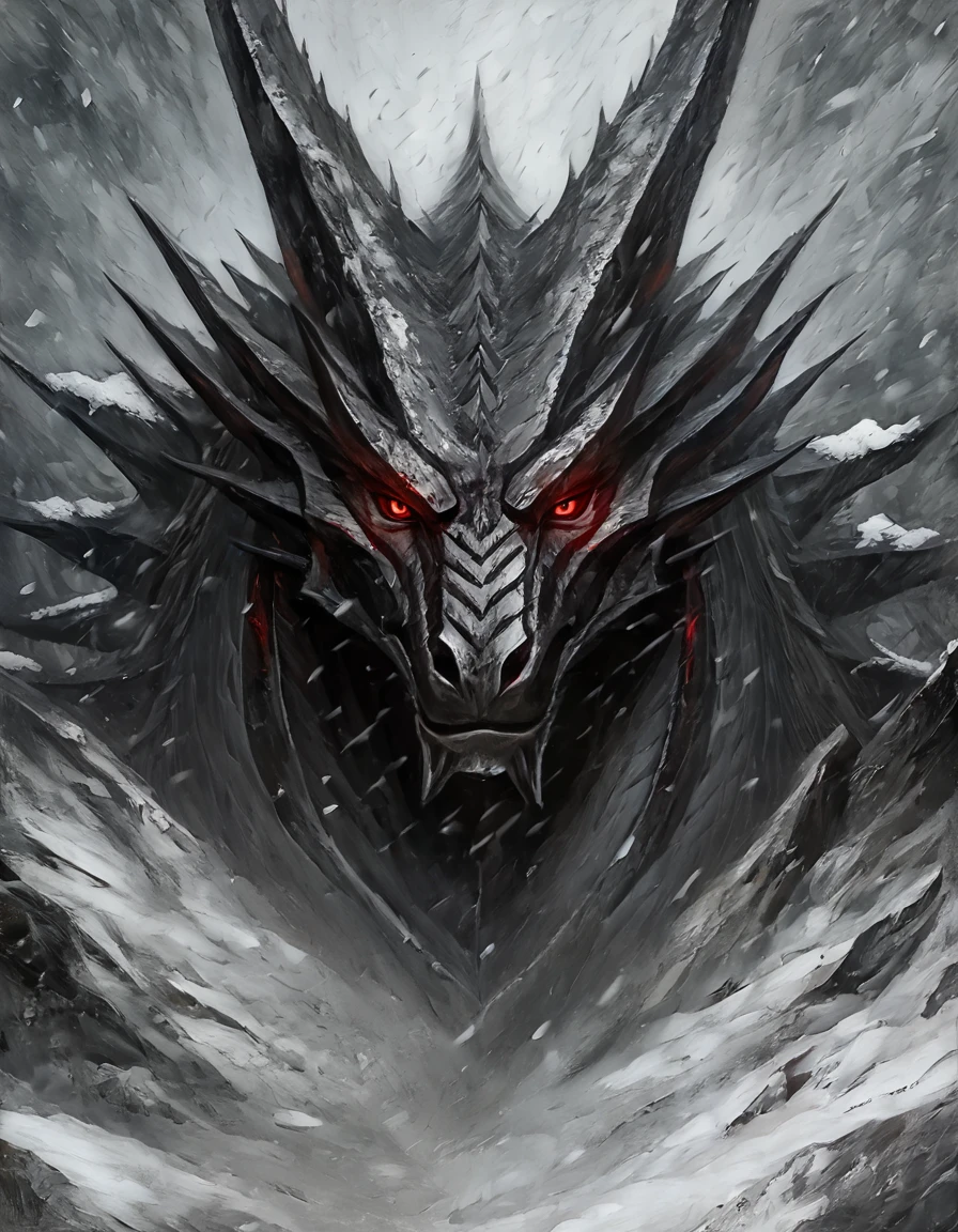 Portrait of the head of a tall and muscular male anthropoid dragon, wings, body black, conceptual art, masterpiece, big black body, high quality, red eyes, looks at the viewer, evil look, Against the backdrop of a snow storm. masterpiece quality. 