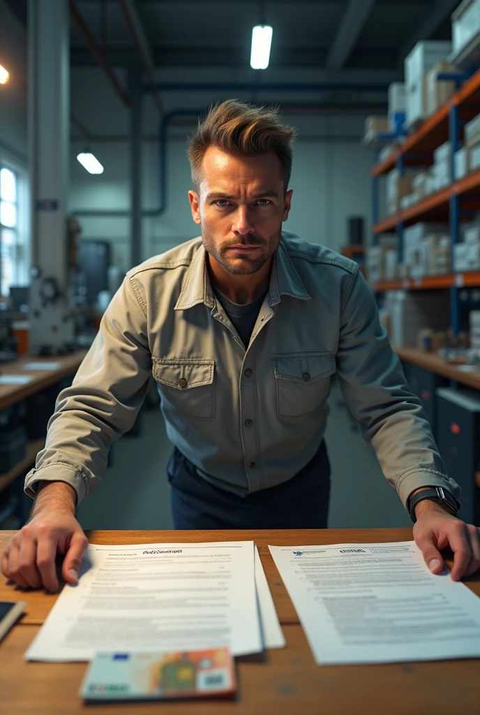 There is 33 years old electrical engineer that has no beard and he weared work clothes and he is behind his desk and there is some important paper and some euro pack and he is really series
Make him 33 years old
And work clothes
He is in factory
He is serious and he looks down