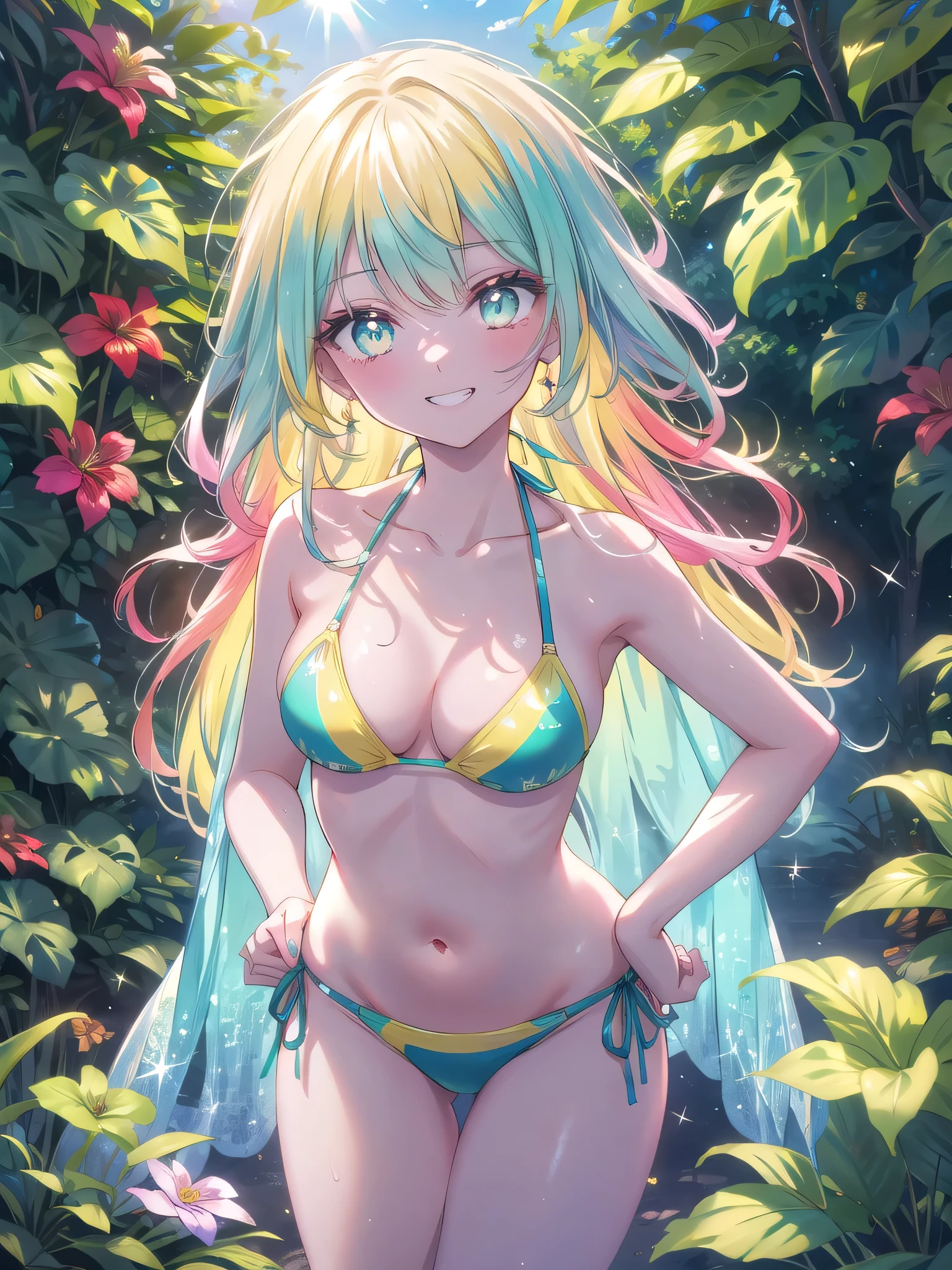 ((8k, Highest quality, masterpiece: 1.3)),Ultra-high resolution,(1 girl, alone), (Color changing eyes, Ultra-detailed, Expressive brilliance, Glitter, Glowing Eyes), Highly detailed eyes, Highly detailed face, Random Hair, ((pastel colour)),A vibrant young woman with long, straight pastel yellow hair that falls over her shoulders like rays of sunshine. She is standing in a tropical garden, surrounded by lush greenery and colorful flowers. She wears a bright turquoise bikini with a sporty racerback top and matching cheeky-cut bottoms, perfect for an active day in the sun. The camera angle is close-up, capturing her from the front as she leans slightly forward, her hands resting on her hips, and a playful grin on her face. The midday sun filters through the leaves, casting dappled shadows on her skin, and the vibrant colors of the flowers contrast beautifully with her pastel hair.