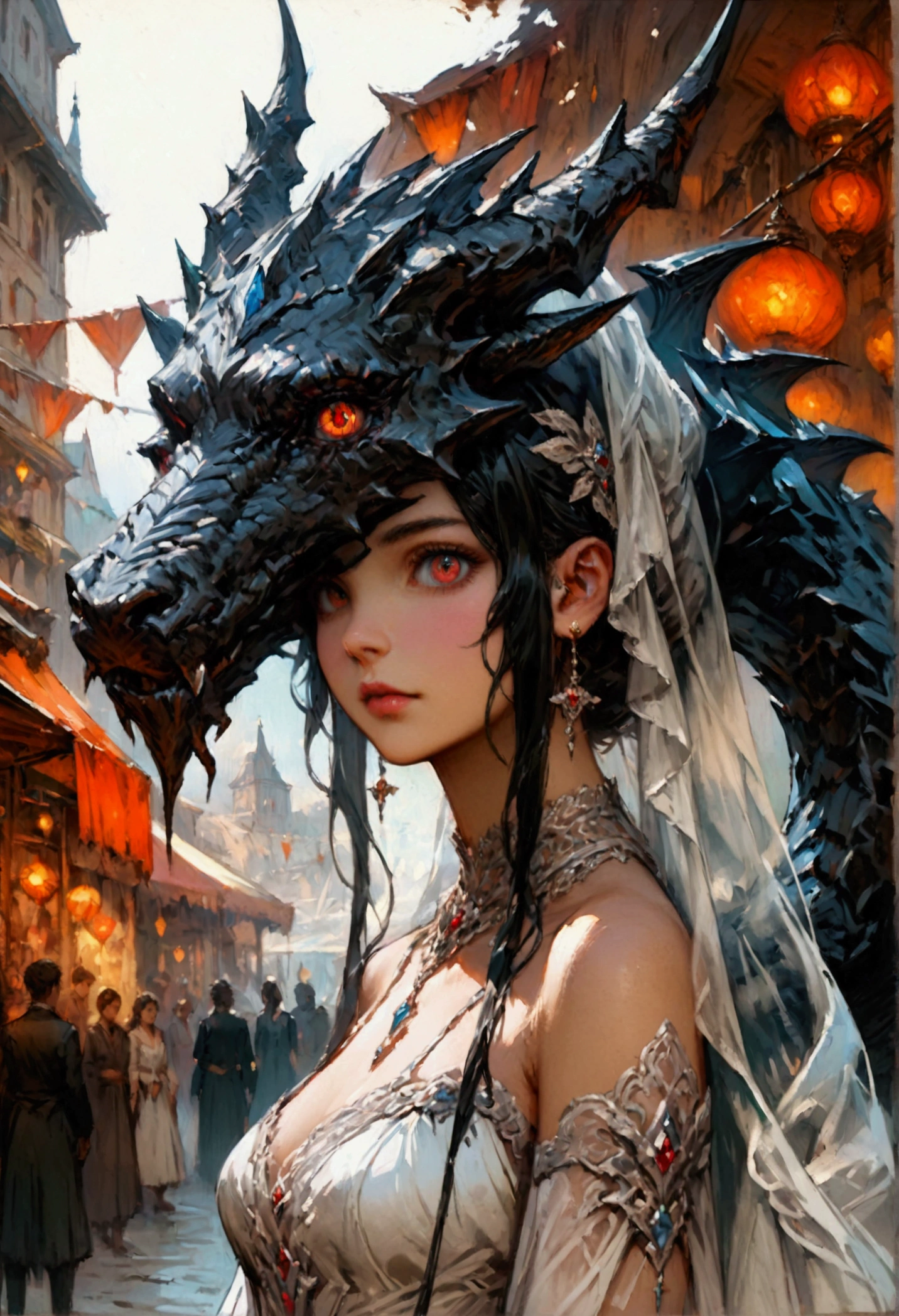 official art", "Realistic Digital Painting with Concept Art Elements"," digital painting," "concept art," "realistic," , "detailed environment: , "high detail", "detailed face", "high-res", "ominous aura,", "8k resolution", "oil painting", "graded colors", "darker tone" , "little saturation" ,"professionally colored", "detailed features" , "detailed eyes", "full body", "fantasy market place background" , "1female" , "black dragon tail" , "black dragon horns" , "medium bust size" , "petite" , "Elegant white dress" , "shawl" , " white gloves" , "beautiful" , "long black hair"