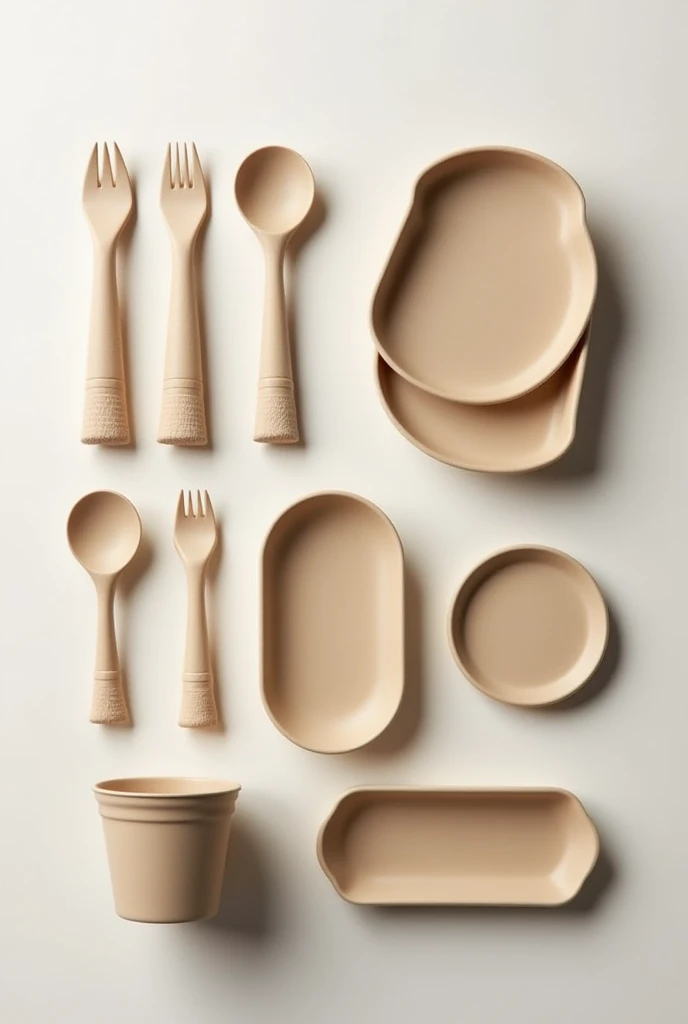 Make me a product that made from compostable materials in mushroom like food container, utensils fork and spoon, plates, cups, topperware, 
