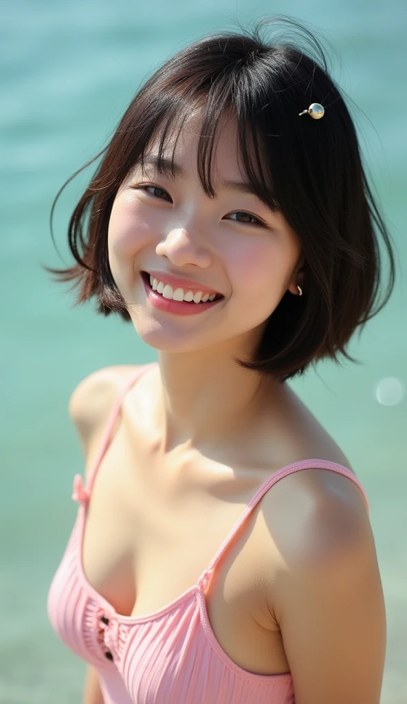 ((Tabletop,highest quality)), (Like the picture:1.4),(((Tabletop,8k)),White sand beach,(Beach),((Full body photo))),Photographed in natural light,Highly detailed face and skin texture,Highly detailed lips,The correct state of the human body,anatomy,Ultra-high resolution,(Realistic:1.4),highest quality, 1. Beautiful woman, Age 35, S, 60mm lens,(Pixie Cut),Japanese women,(Black Hair),Open leg pose,Looking into the camera,Natural lip color,Professional Lighting,Mole,Very small breasts,(((smile,Fox face)))