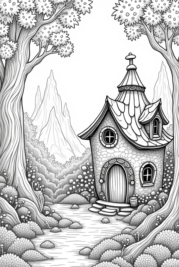 Fairy house nature background high details black and white coloring books pages